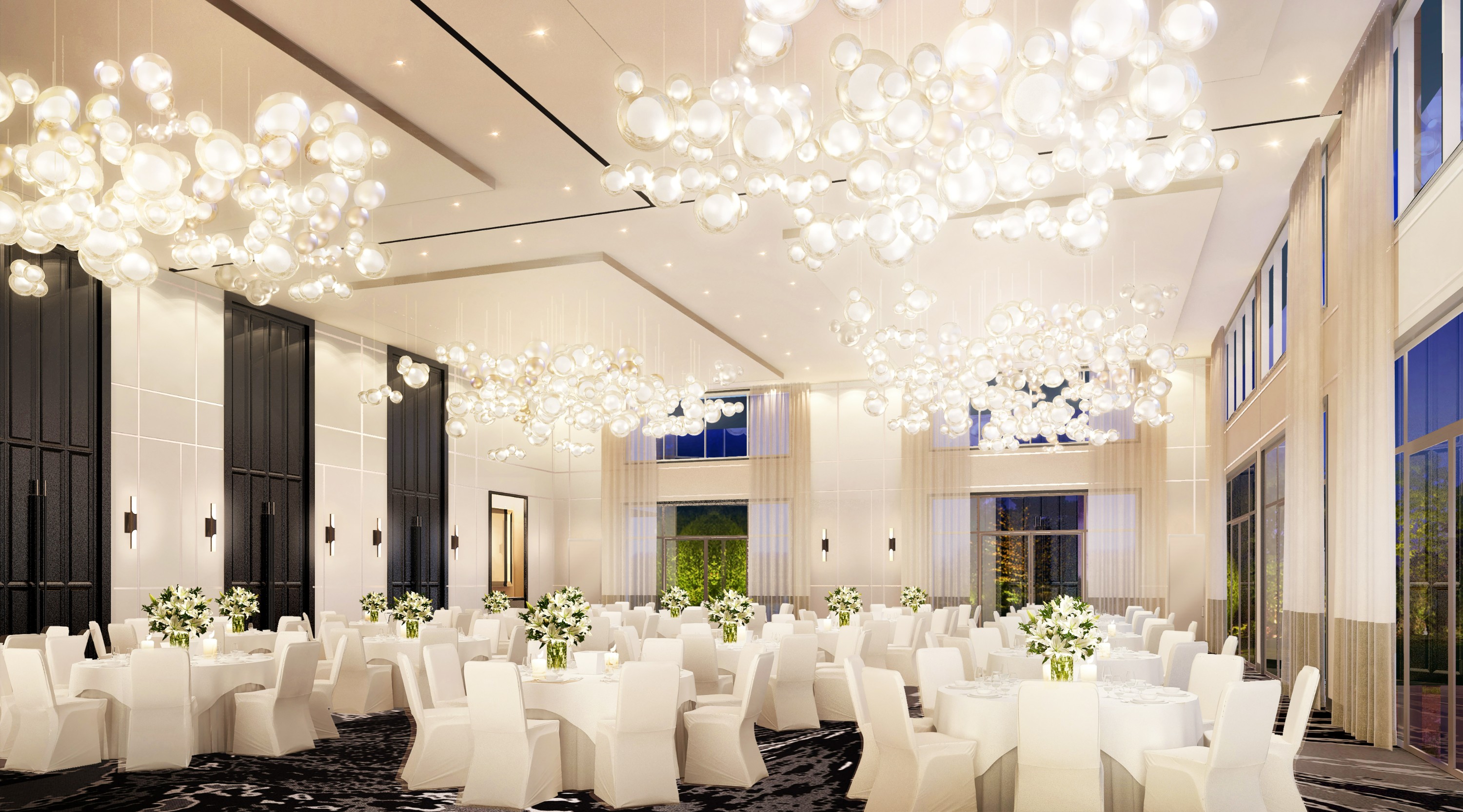 Grand Carrington Ballroom set with banquet tables at Hilton Aventura